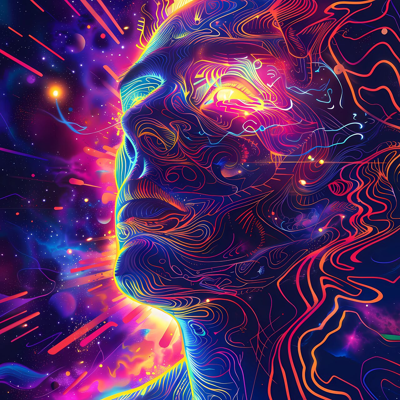 人の顔に紫色が基調のモヤモヤとした無数の波打つ曲線および炎のようなオーラが浮かび、宇宙のような背景において人から無数のエネルギー線が放射されているかのようなイメージ画像