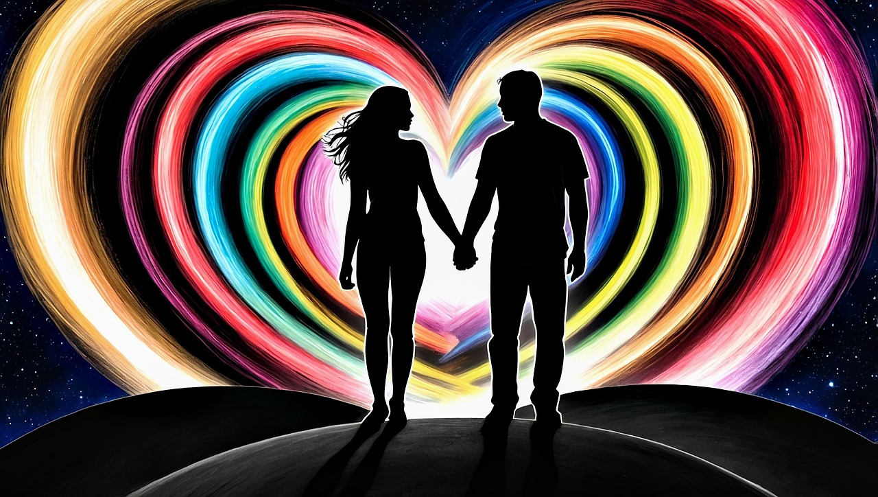 宇宙空間上にあるかのようなカラフルなレインボーのハートマークを背景に、手を繋いで向き合いながら歩いている様子の男女のシルエット