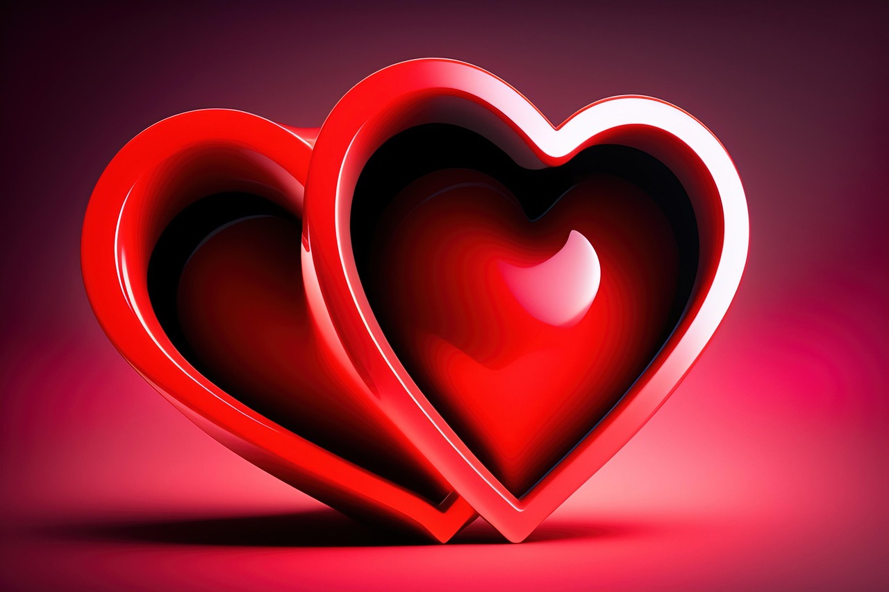 上品なワインレッドの背景をバックに並んで立つ、2つの大きなワインレッドのハート